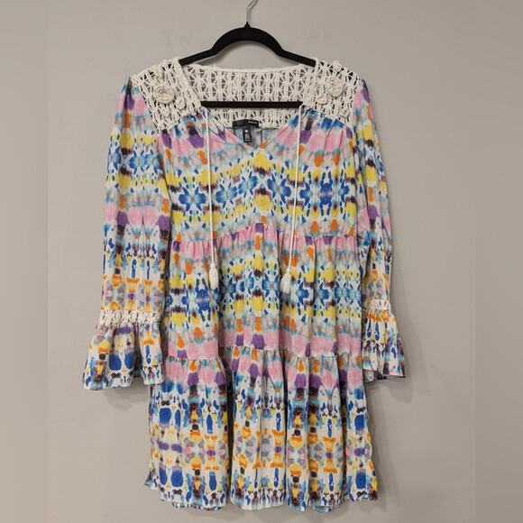 Aqua’s Multicolored Print Crochet Trim Baby Doll Dress In Size Large. NWOT. - Picture 1 of 5